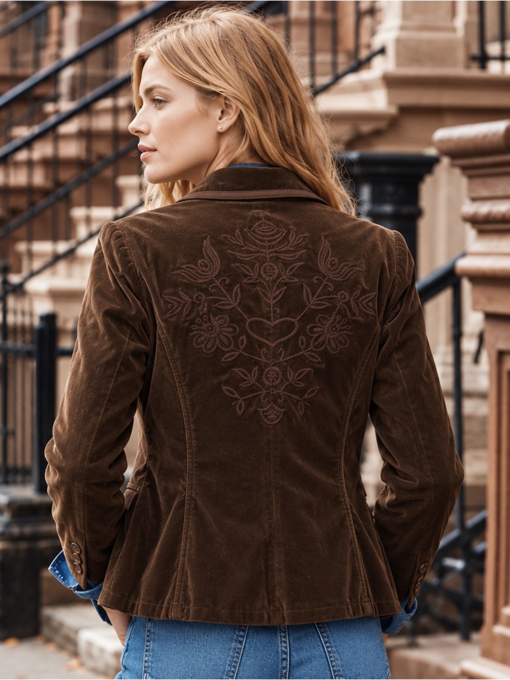 Cambridge Brown Velvet Embroidered Blazer Y2K Boho L